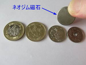 硬貨はネオジム磁石を近づけても付きません