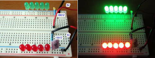 赤色LED5個を並列つなぎで点灯