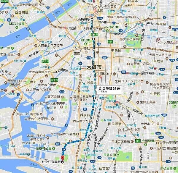 今回歩いた四つ橋線　GogleMap利用